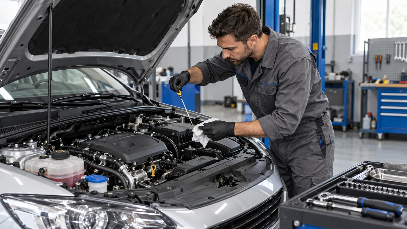 Imagen ilustrativa: mecánico revisando el compartimiento del motor de un vehículo