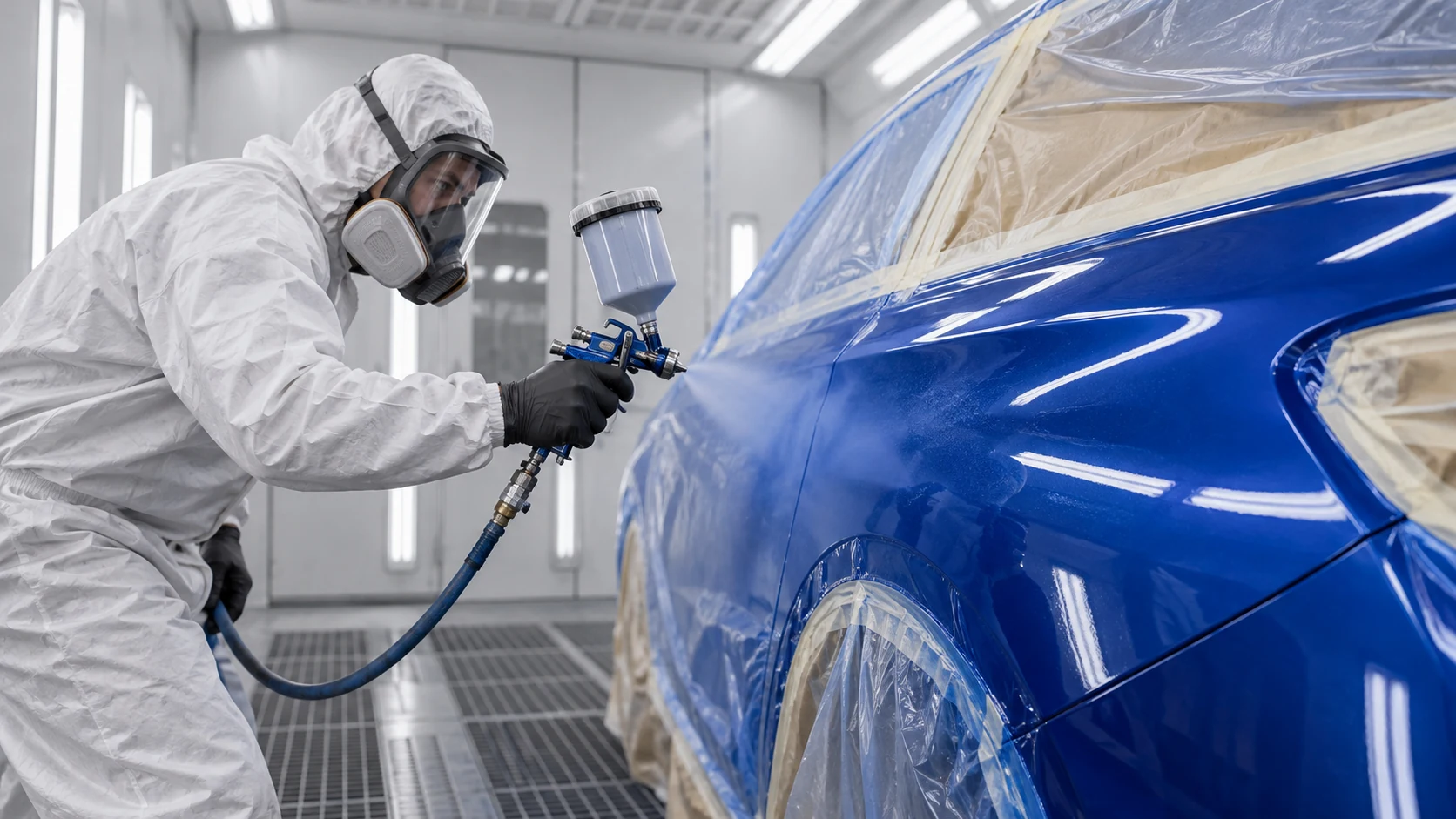 Imagen ilustrativa: pintor automotriz aplicando pintura sobre un panel de vehículo